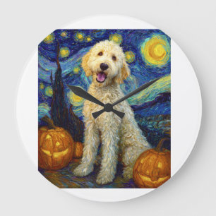 Reloj Redondo Grande Goldendoodle Perro Lindo Halloween Jack O Lantern 