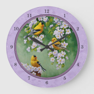 Reloj Redondo Grande Goldfinch Trio y Apple Blossoms Purple