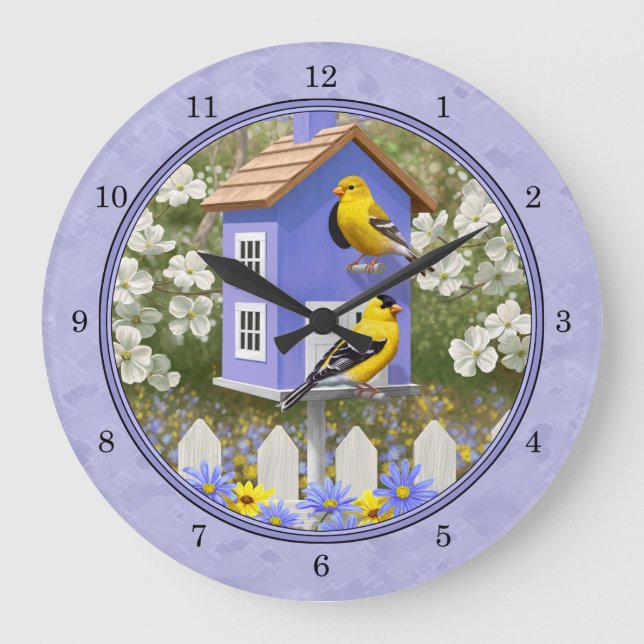 Reloj Redondo Grande Goldfinches & Cute Birdhouse Lavender (Anverso)