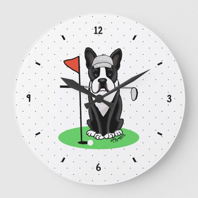 Reloj Redondo Grande Golf Boston Terrier (negro) Perro Cute (Anverso)