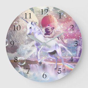 Reloj Redondo Grande Goma arcoiris montando unicornio en el espacio.