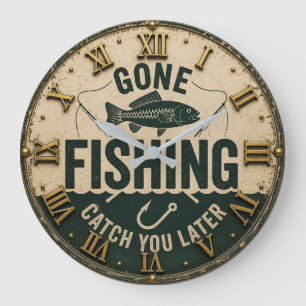 Reloj Redondo Grande Gone Fishing Funny Fisherman Cabin & Lake House