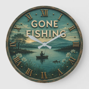 Reloj Redondo Grande Gone Fishing Rustic Lake Fisherman Cabin Gift