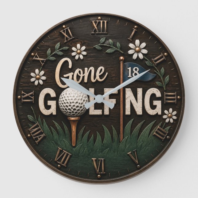 Reloj Redondo Grande Gone Golfing Rustic Floral Golfer Gift (Anverso)