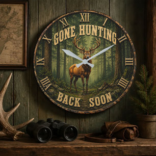 Reloj Redondo Grande Gone Hunting Back Soon Rustic Hunter Cabin