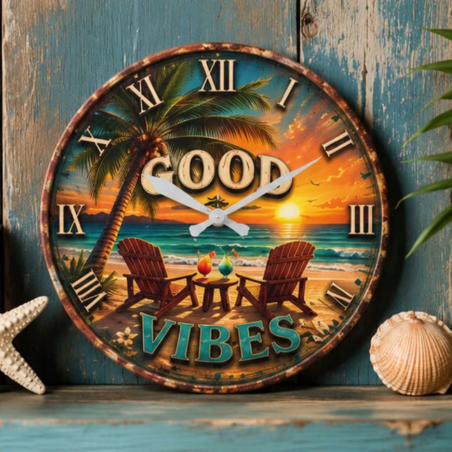 Reloj Redondo Grande Good Vibes Tropical Beach (Subido por el creador)