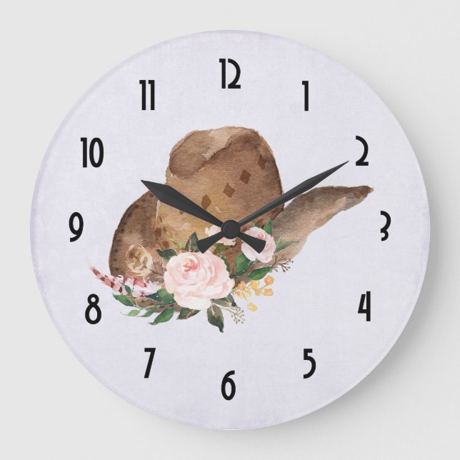 Reloj Redondo Grande Gorra marrón de vaca con flores rosadas (Anverso)