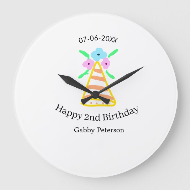 Reloj Redondo Grande gorra naranja niños de 2 años retro floral brillan (Anverso)