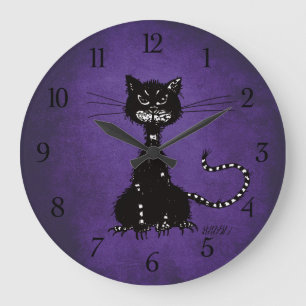 Reloj Redondo Grande Gótico Morado Ragged Evil Gato Negro