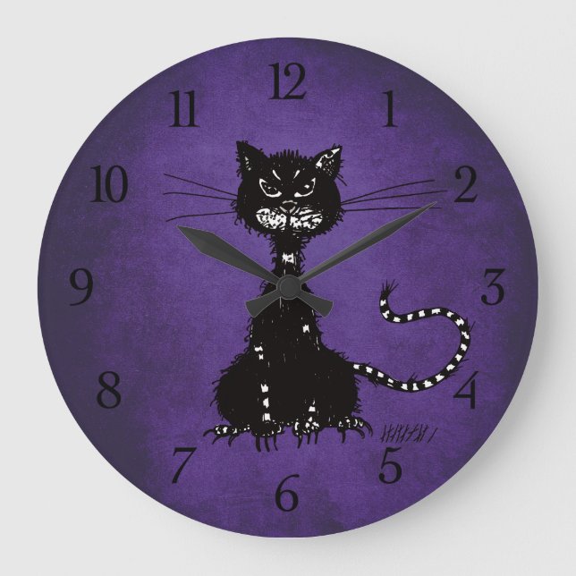 Reloj Redondo Grande Gótico Morado Ragged Evil Gato Negro (Anverso)