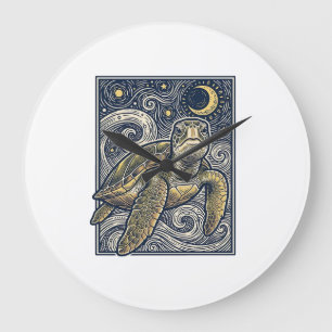 Reloj Redondo Grande Grabado Antiguo Tortuga Marina Noche Estrellada