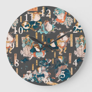Reloj Redondo Grande Grabado en madera de rana japonesa Kuniyoshi Ukiyo