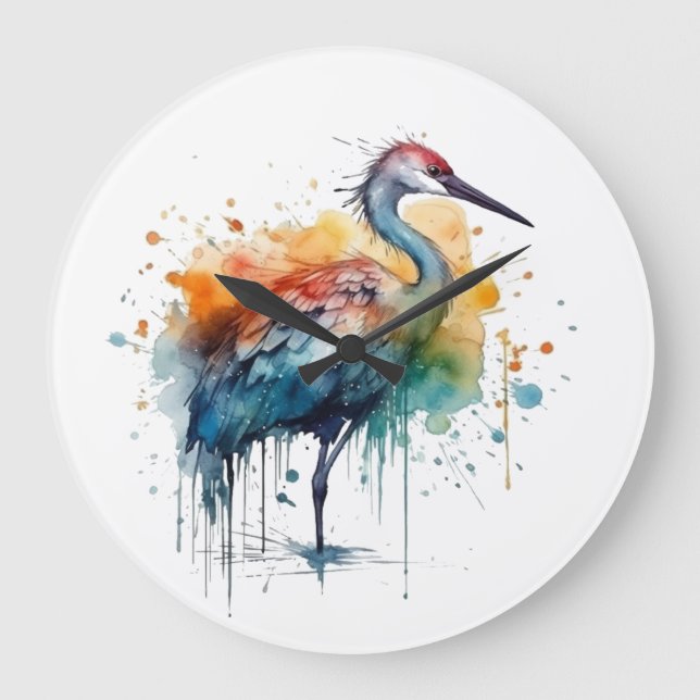 Reloj Redondo Grande Graceful Crane: Arte acuarela (Anverso)