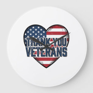 Reloj Redondo Grande Gracias Veteranos Corazón Patriótico Diseño Vintag