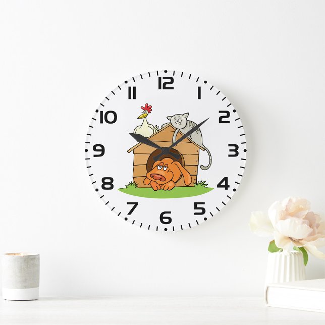 Reloj Redondo Grande Gracioso gato de perro y pollo en Doghouse (Subido por el creador)