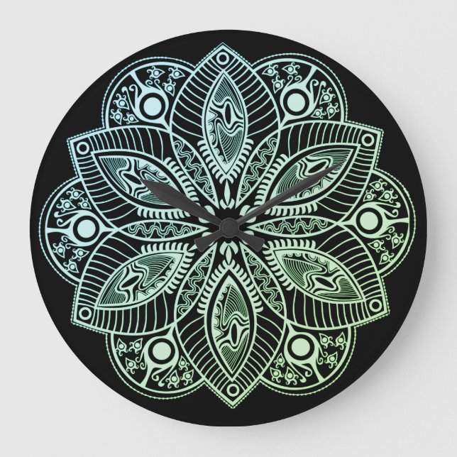 Reloj Redondo Grande Gradiente de Mandala Verde Tribal Exótico (Anverso)