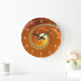 Reloj Redondo Grande Gradiente Espiral Fractal Naranja Dorado Abstracto