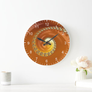 Reloj Redondo Grande Gradiente Espiral Fractal Naranja Dorado Abstracto