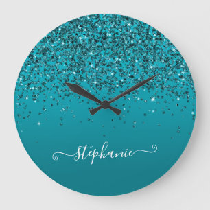 Reloj Redondo Grande Gradiente Glittery Turquesa Oscuro Caligrafía Feme