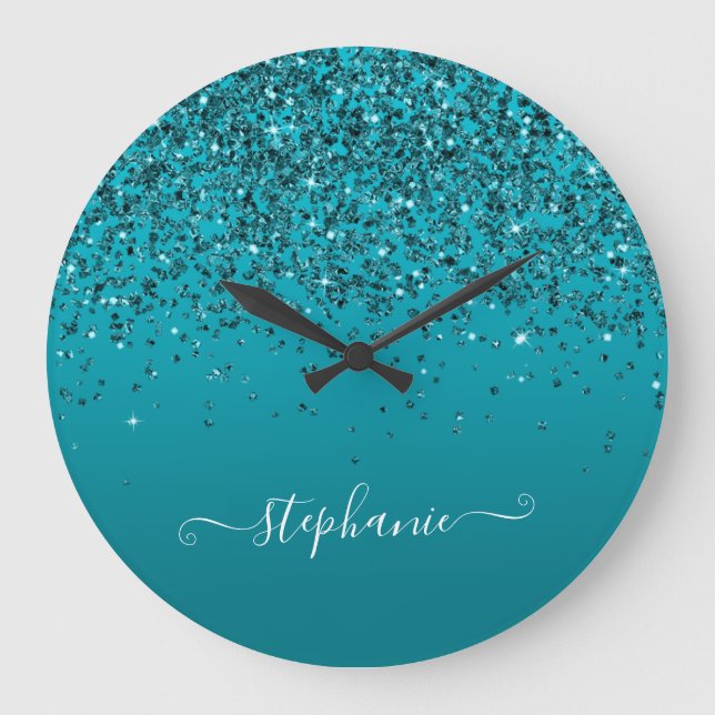 Reloj Redondo Grande Gradiente Glittery Turquesa Oscuro Caligrafía Feme (Anverso)