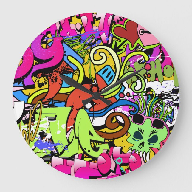 Reloj Redondo Grande Graffiti Art: fondo estilo Hip-Hop (Anverso)
