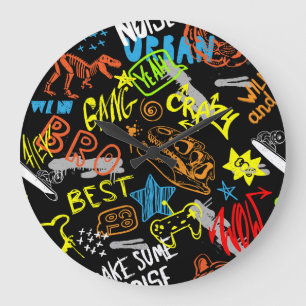 Reloj Redondo Grande Graffiti de niños: frescura dibujada a mano