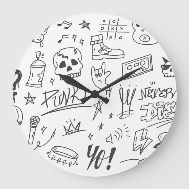 Reloj Redondo Grande Graffiti Doodles: Crítica de la música Punk (Anverso)