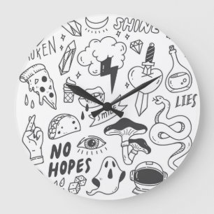 Reloj Redondo Grande Graffiti lindo: Conjunto de arte Doodle.
