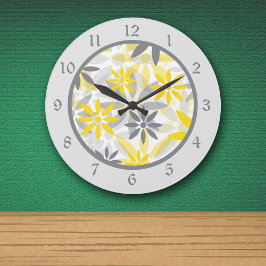 Reloj Redondo Grande Gráfica de flor gris amarillo
