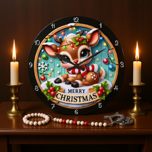 Reloj Redondo Grande Gráfica navideña Cute Deer Merry