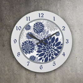 Reloj Redondo Grande Gráfico de flor gris azul de la marina