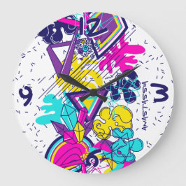 Reloj Redondo Grande Grafiti patrón colorido abstracto con tu NOMBRE