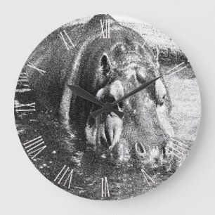 Reloj Redondo Grande Grainy Black White Hippo Art, Pocket Wall Clock