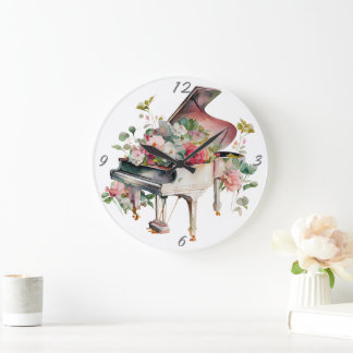 Reloj Redondo Grande Gran acuarela de piano para bebé blanco
