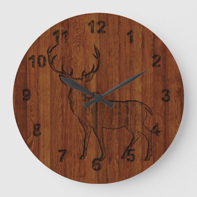 Reloj Redondo Grande Gran ciervo tallado en madera Efecto Rústico y Her (Anverso)