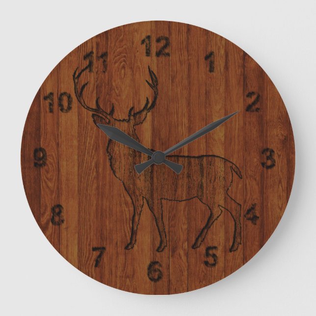 Reloj Redondo Grande Gran efecto de ciervo tallado en madera (Anverso)