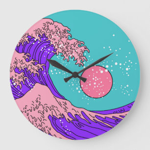 Reloj Redondo Grande Gran ola de vaporwave: arte oceánico estilizado