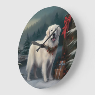 Reloj Redondo Grande Gran Pirineo Perro en Navidad Nieve