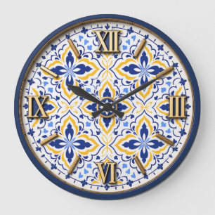 Reloj Redondo Grande Grand Mosaic Blue and Gold Floral Mediterranean