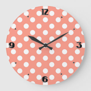 Reloj Redondo Grande Grandes puntos retro - rosa coral y blanco