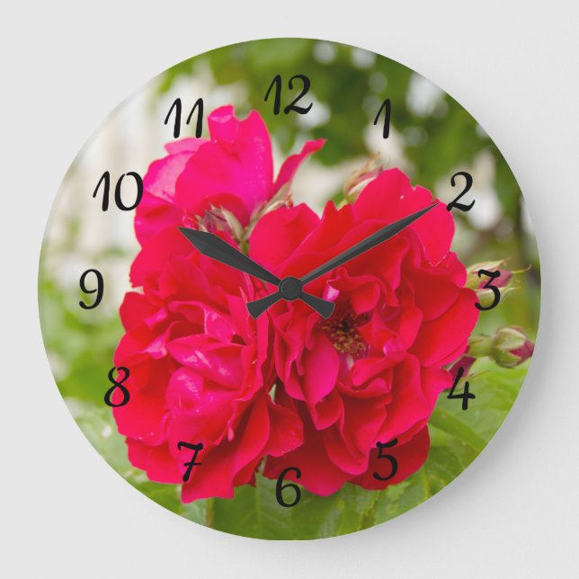 Reloj Redondo Grande Grandes rosas rojas en el jardín (Anverso)