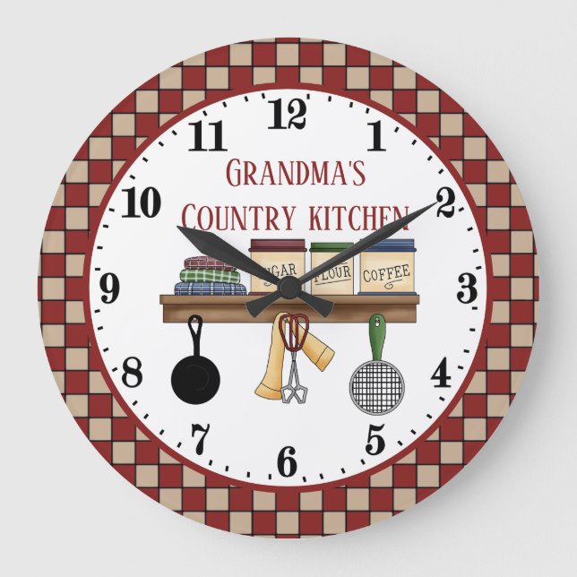 Reloj Redondo Grande Grandma's Country kitchen add text Large Clock  (Anverso)