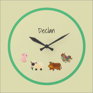 Reloj Redondo Grande Granja amarilla de animales bebés