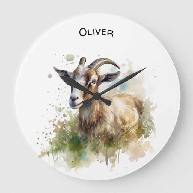Reloj Redondo Grande Granja de acuarela Cabra, personalizado (Anverso)