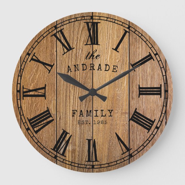 Reloj Redondo Grande Granja de madera Rústica Nombre Familia Granja Año (Anverso)