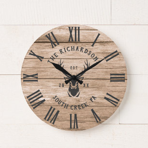 Reloj Redondo Grande Granja de nombre de familia personalizado rústico 