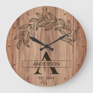 Reloj Redondo Grande Granja Rústica de Madera Monograma de Nombre de Fa