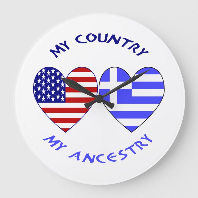 Reloj Redondo Grande Greek USA Flags Hearts Country Ancestry (Anverso)