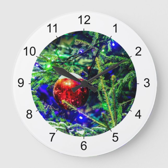 Reloj Redondo Grande Green Christmas Tree Red Ball (Anverso)