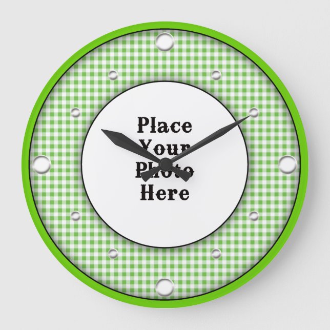 Reloj Redondo Grande Green Gingham Frame Your Photo Wall Clock (Anverso)